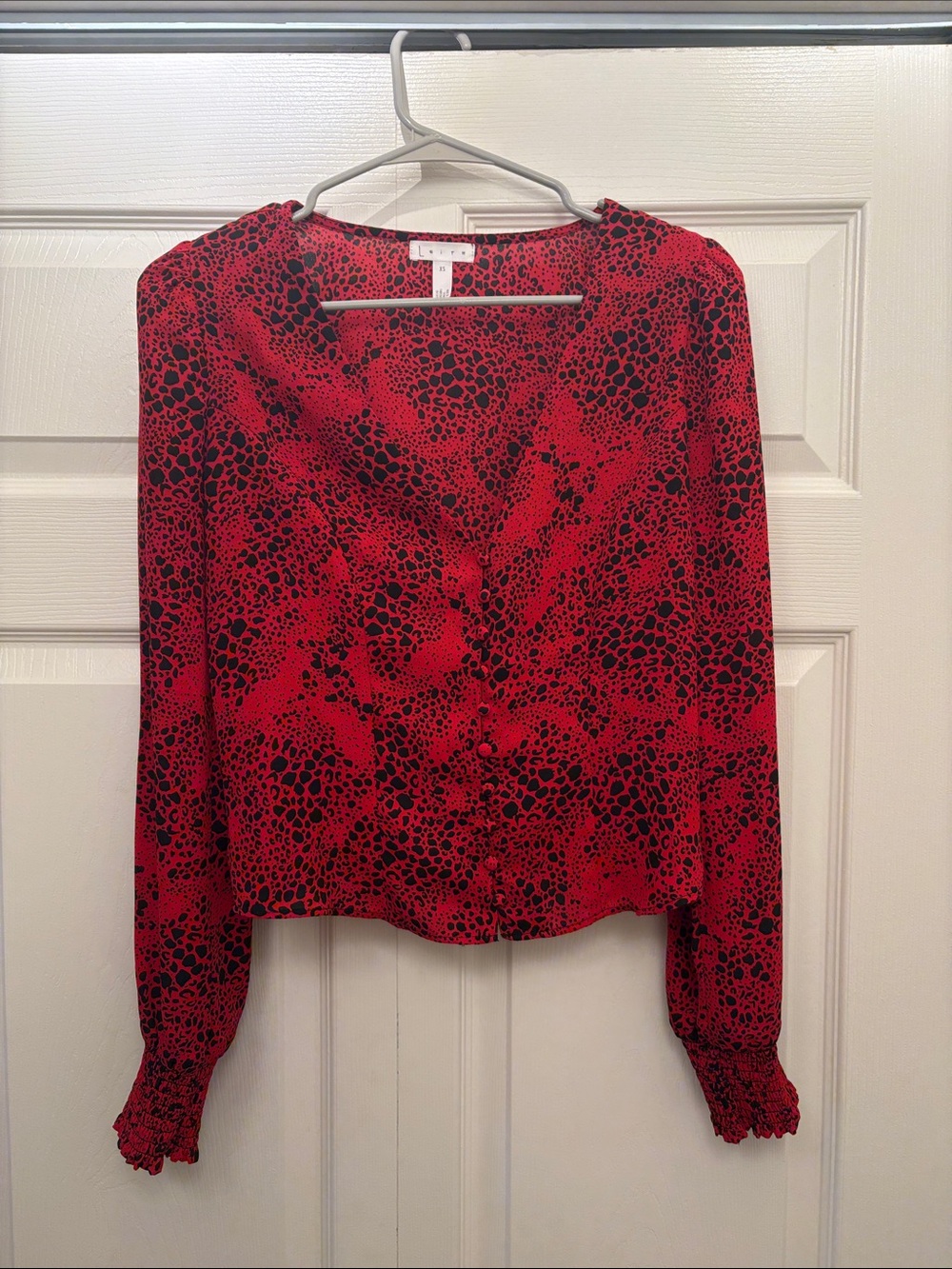 Red and Black Printed V-Neck Button up Blouse - Leith